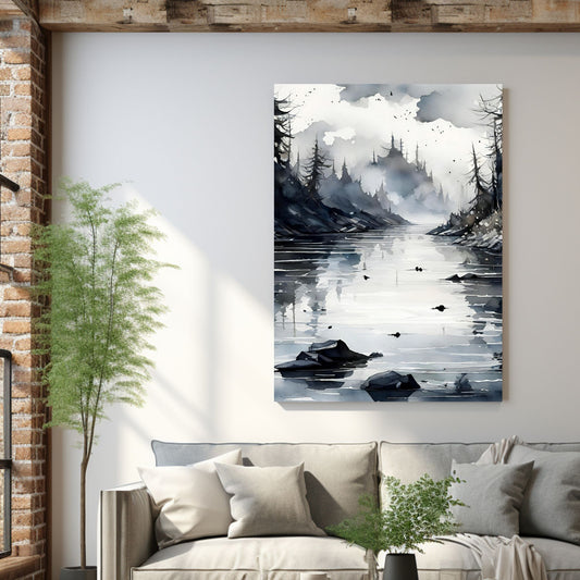 Digitalt kunstmaleri i akvarell som fanger essensen av vinterscenene med et sjarmerende landskap der snøfnugg danser i luften. Illustrasjonsfoto som viser motivet på lerret som henger over en sofa.