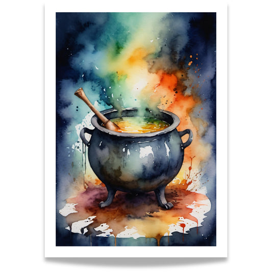 “Witch’s Brew” viser en boblende heksegryte i glødende farger av oransje, blått og grønt.