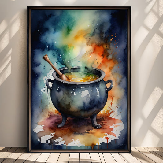 “Witch’s Brew” viser en boblende heksegryte i glødende farger av oransje, blått og grønt. Illustrasjon viser plakat uten hvit kant i sort ramme.