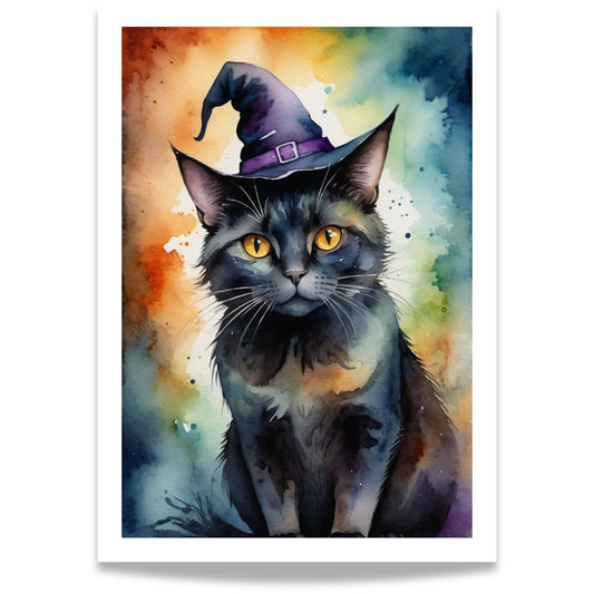 “Witch’s Cat” er et sjarmerende og stemningsfullt motiv av en svart katt med heksehatt. 