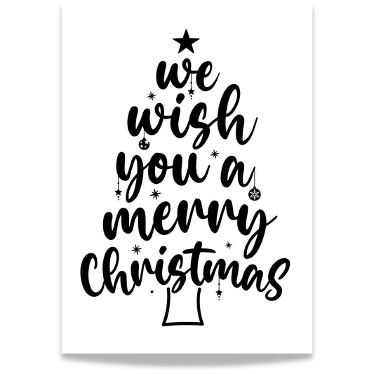 En klassisk og uttrykksfull juleplakat der teksten We Wish You a Merry Christmas er formet som et juletre. 