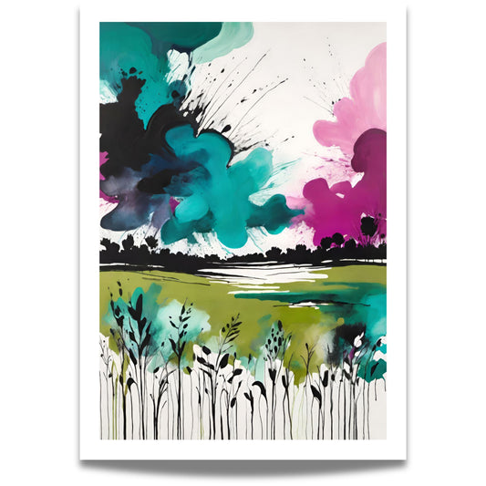 Wild Horizon – abstrakt naturplakat forener det ville og det vakre i ett levende kunstverk. Med kraftfulle blekk-lignende strøk og fargeeksplosjoner i turkis, grønt og rosa.