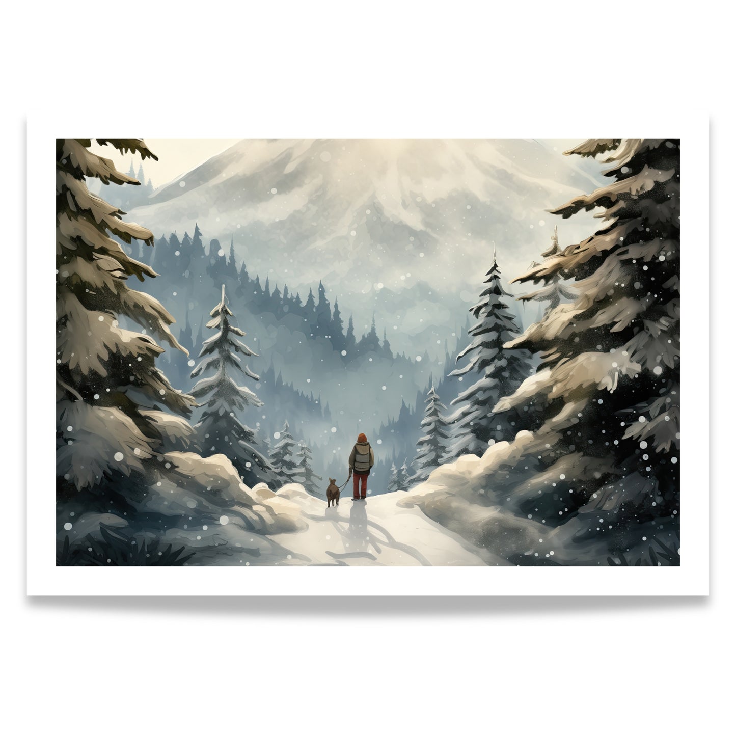 En enslig skikkelse og en hund går stille gjennom vinterskogen mot fjellene i det fjerne.