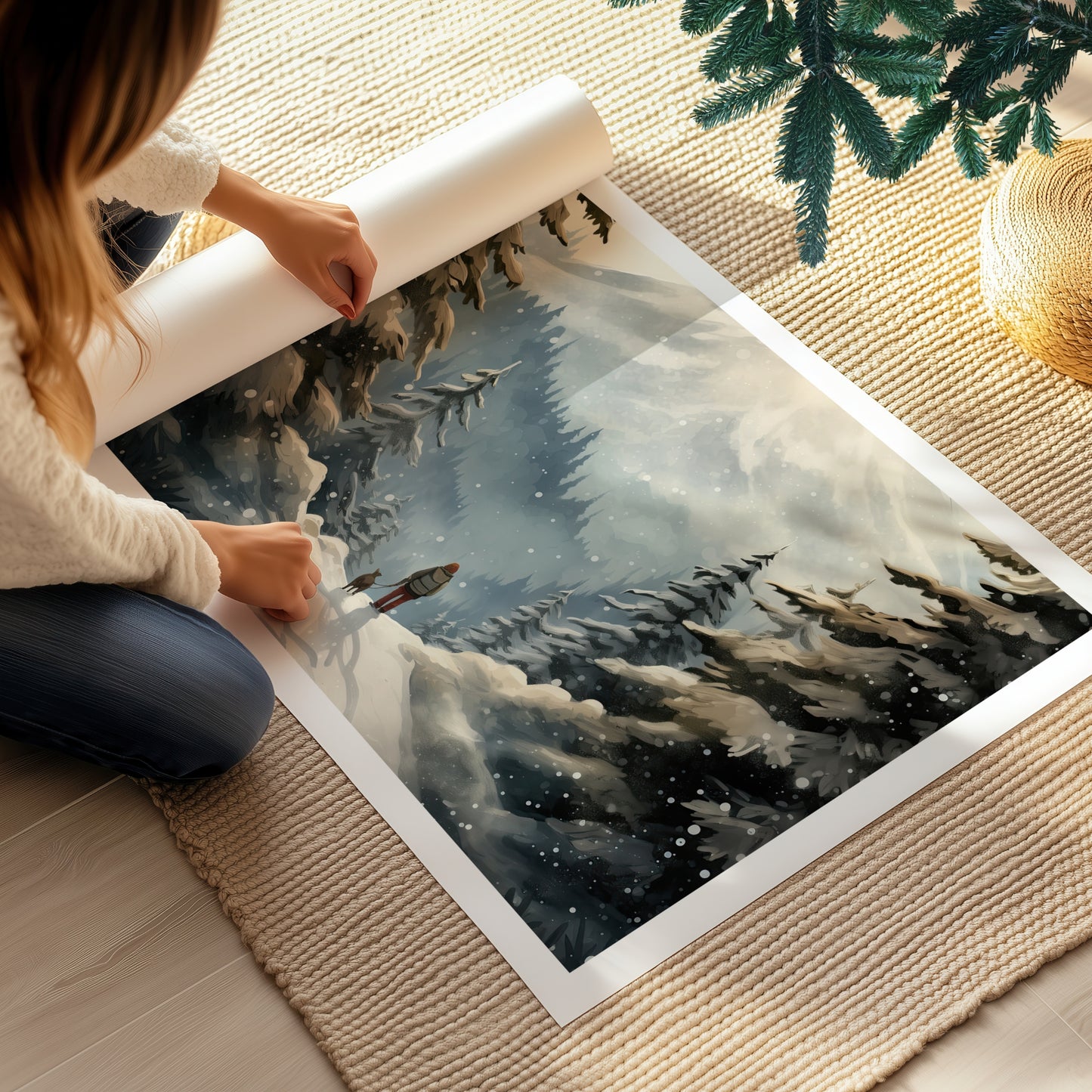 En enslig skikkelse og en hund går stille gjennom vinterskogen mot fjellene i det fjerne. Illustrasjon viser plakat med hvit kantlinje på print.