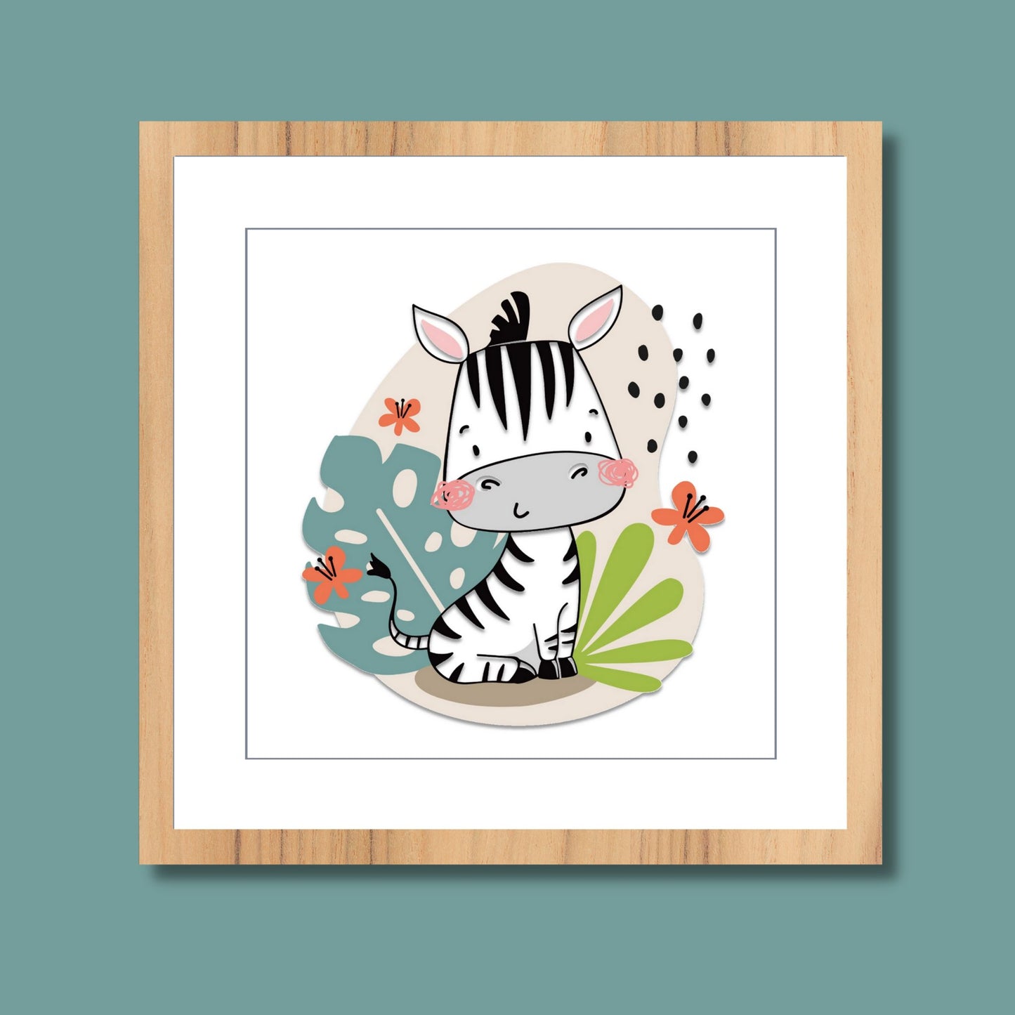 Koselig grafisk barneplakat med en zebra som sitter i jungelen..