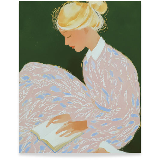 A Quiet Moment kunstplakat med lesende kvinne i grønt, rosa og lyseblått. Format 40x50