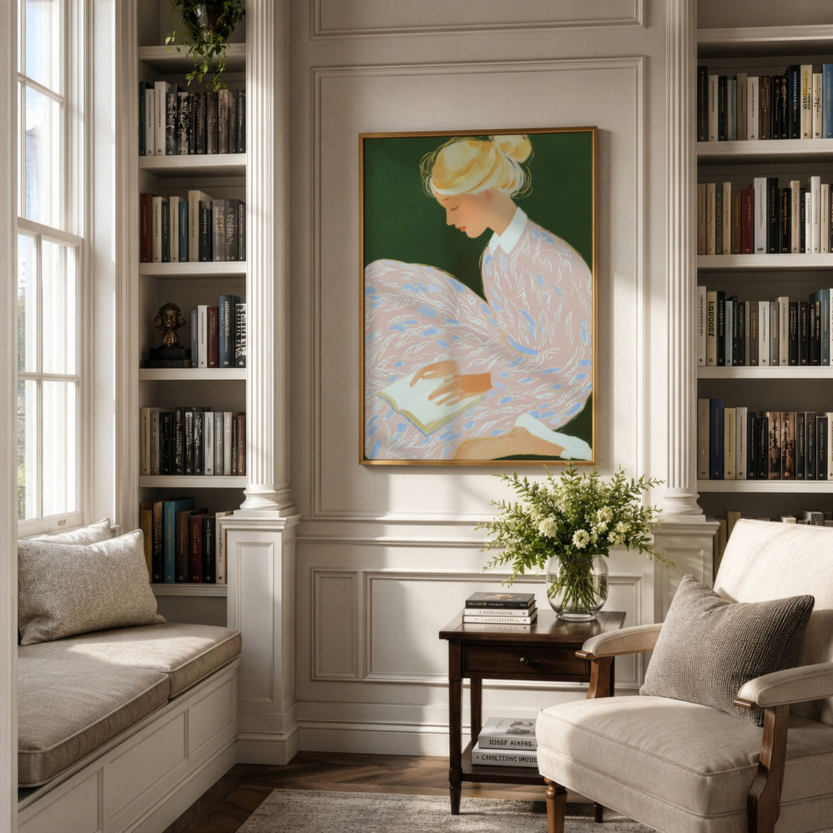 A Quiet Moment bokplakat innrammet i klassisk bibliotek
