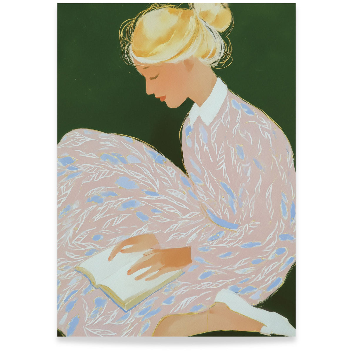 A Quiet Moment kunstplakat med lesende kvinne i grønt, rosa og lyseblått