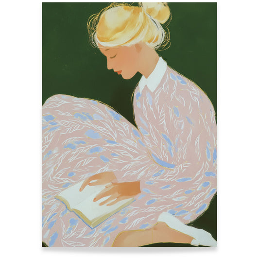 A Quiet Moment kunstplakat med lesende kvinne i grønt, rosa og lyseblått