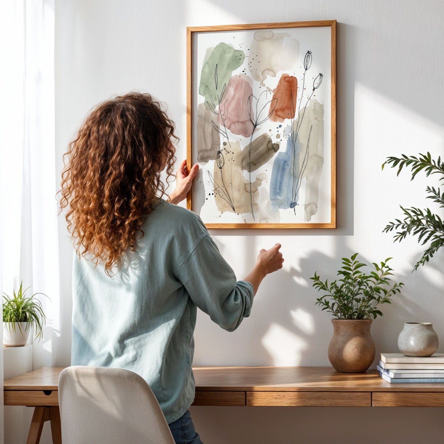 Innrammet abstrakt botanisk kunstplakat i moderne nordisk interiør