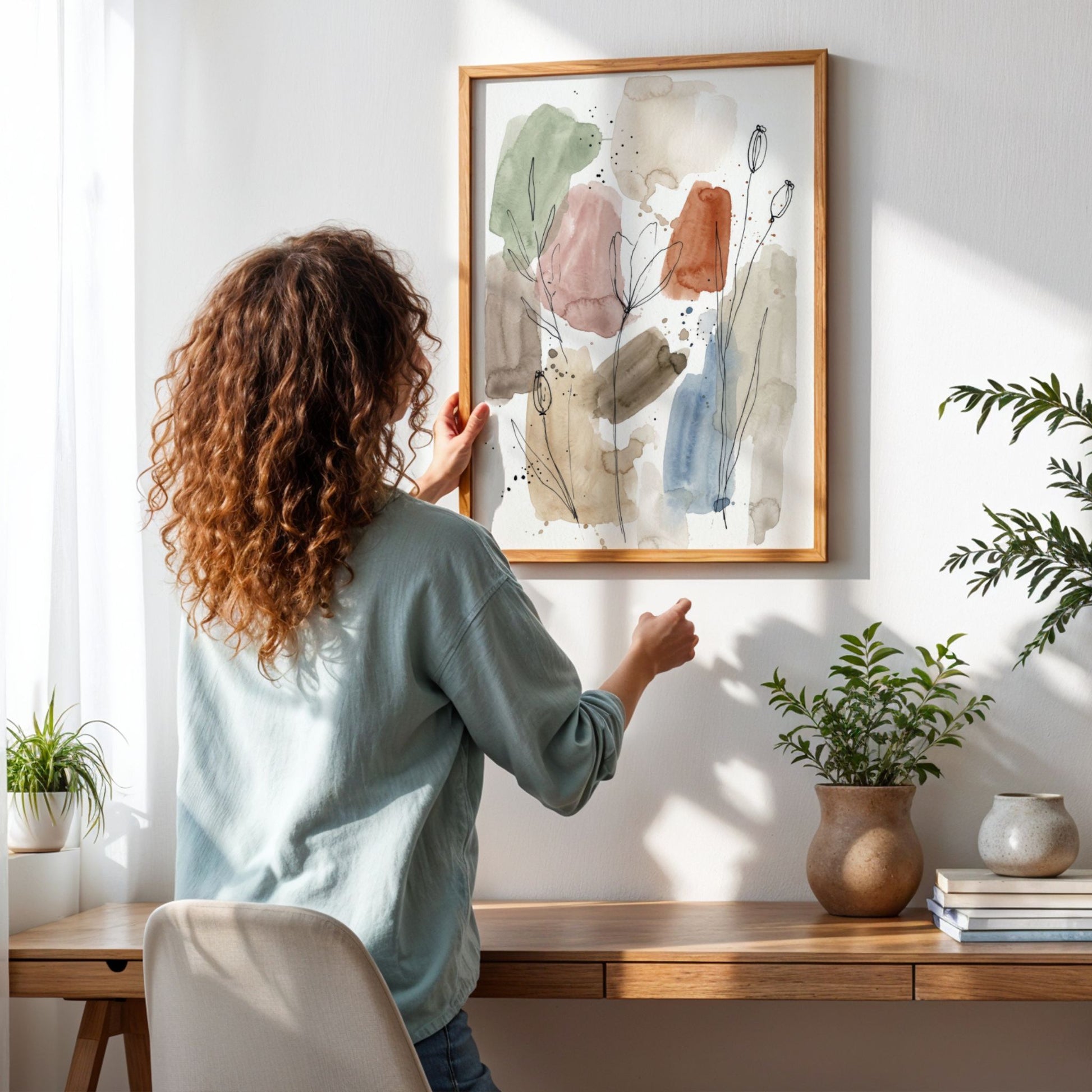 Innrammet abstrakt botanisk kunstplakat i moderne nordisk interiør