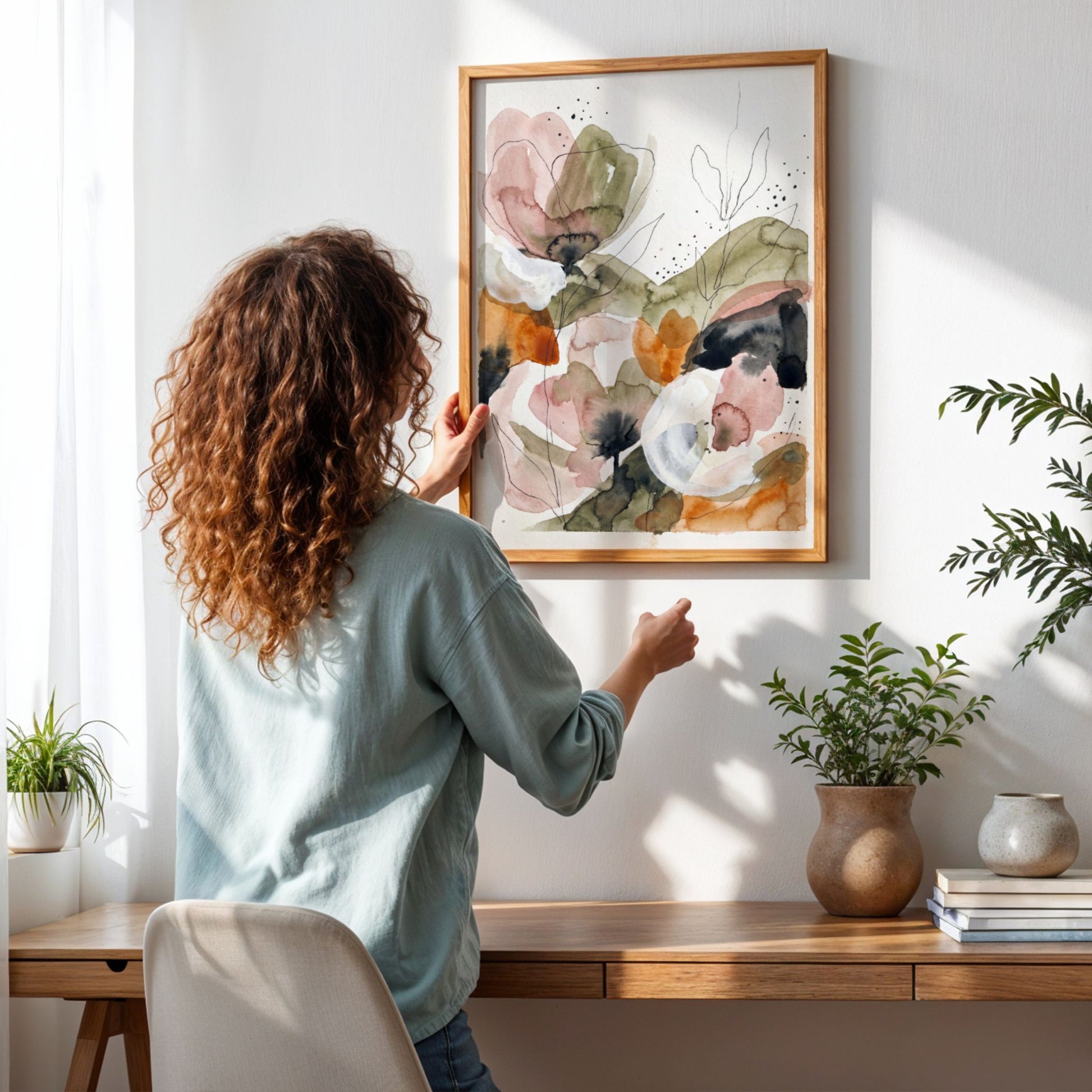 Innrammet abstrakt blomsterkunst i moderne nordisk interiør