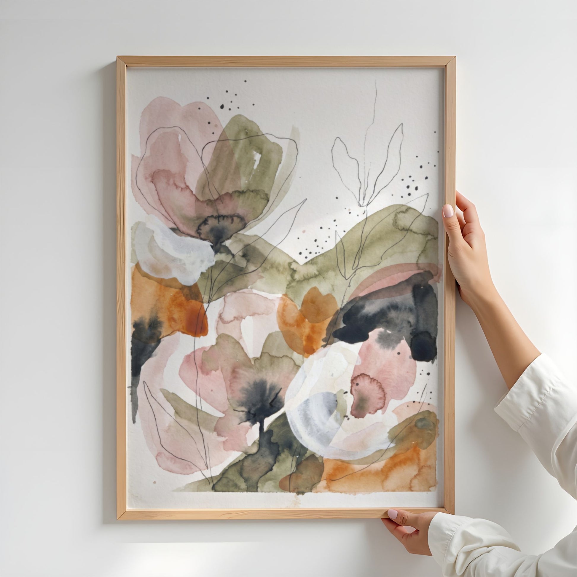 Detaljbilde av abstrakt floral akvarellplakat i lys treramme