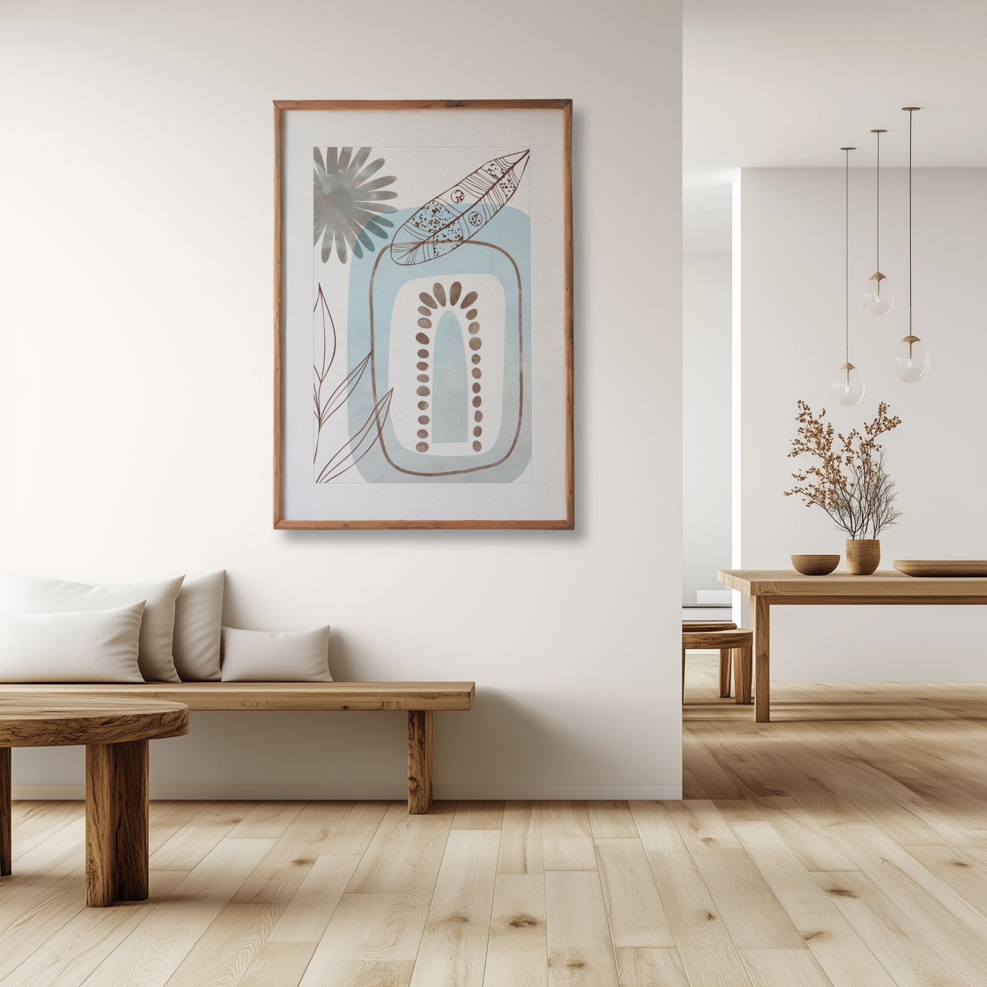 Abstract Harmony No1 abstrakt plakat i minimalistisk nordisk interiør