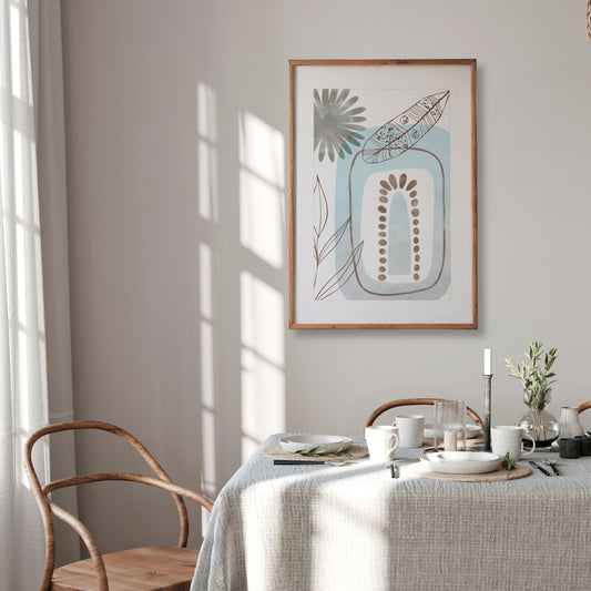 Abstract Harmony No1 plakat over spisebord i lys nordisk spisestue