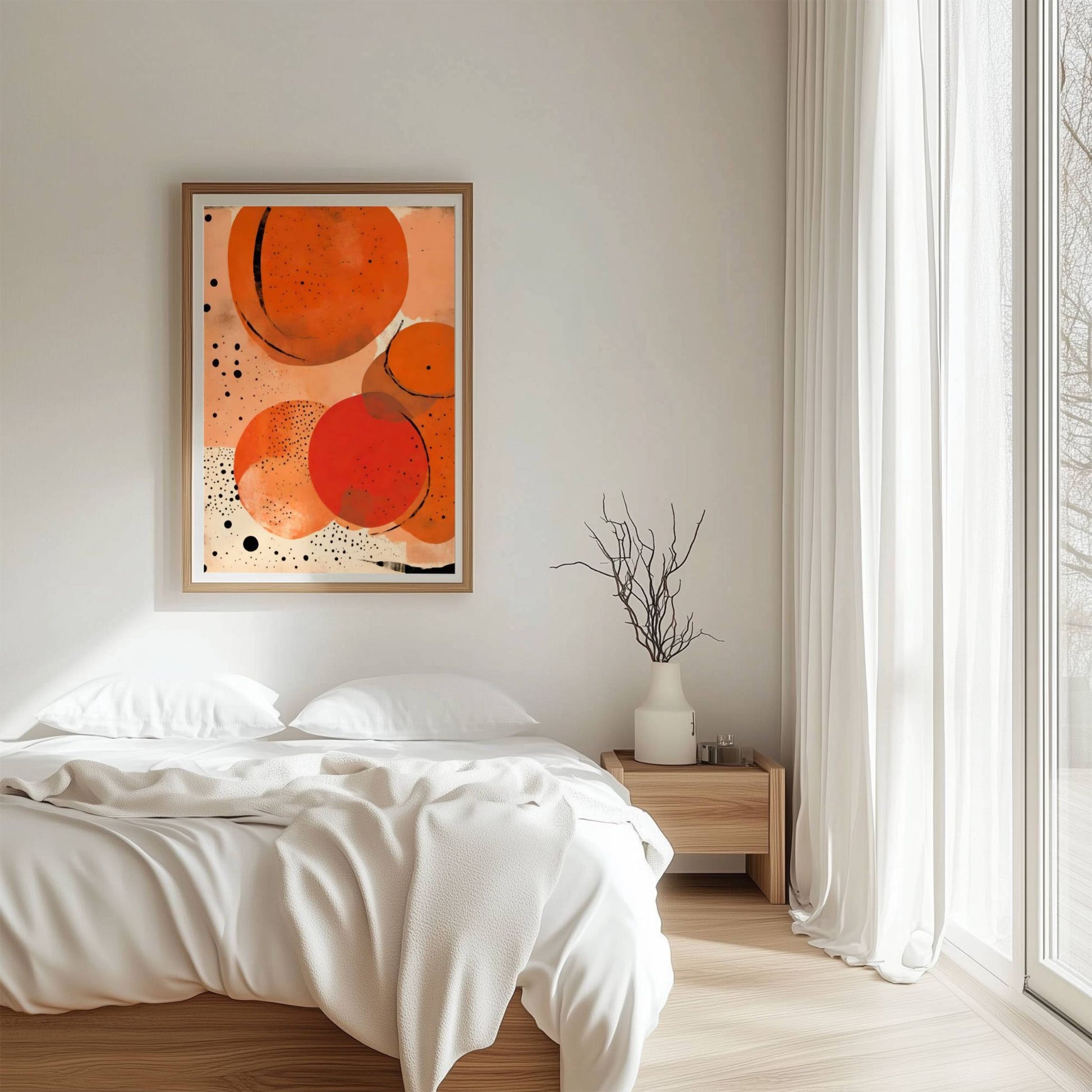 Amber Dots kunstplakat med terrakottafarger og abstrakte former over seng i lyst soverom