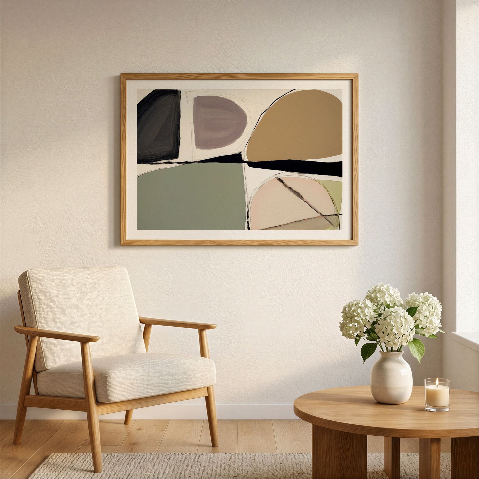 Balanced Composition abstrakt kunstplakat i moderne stue med lyse naturmaterialer.