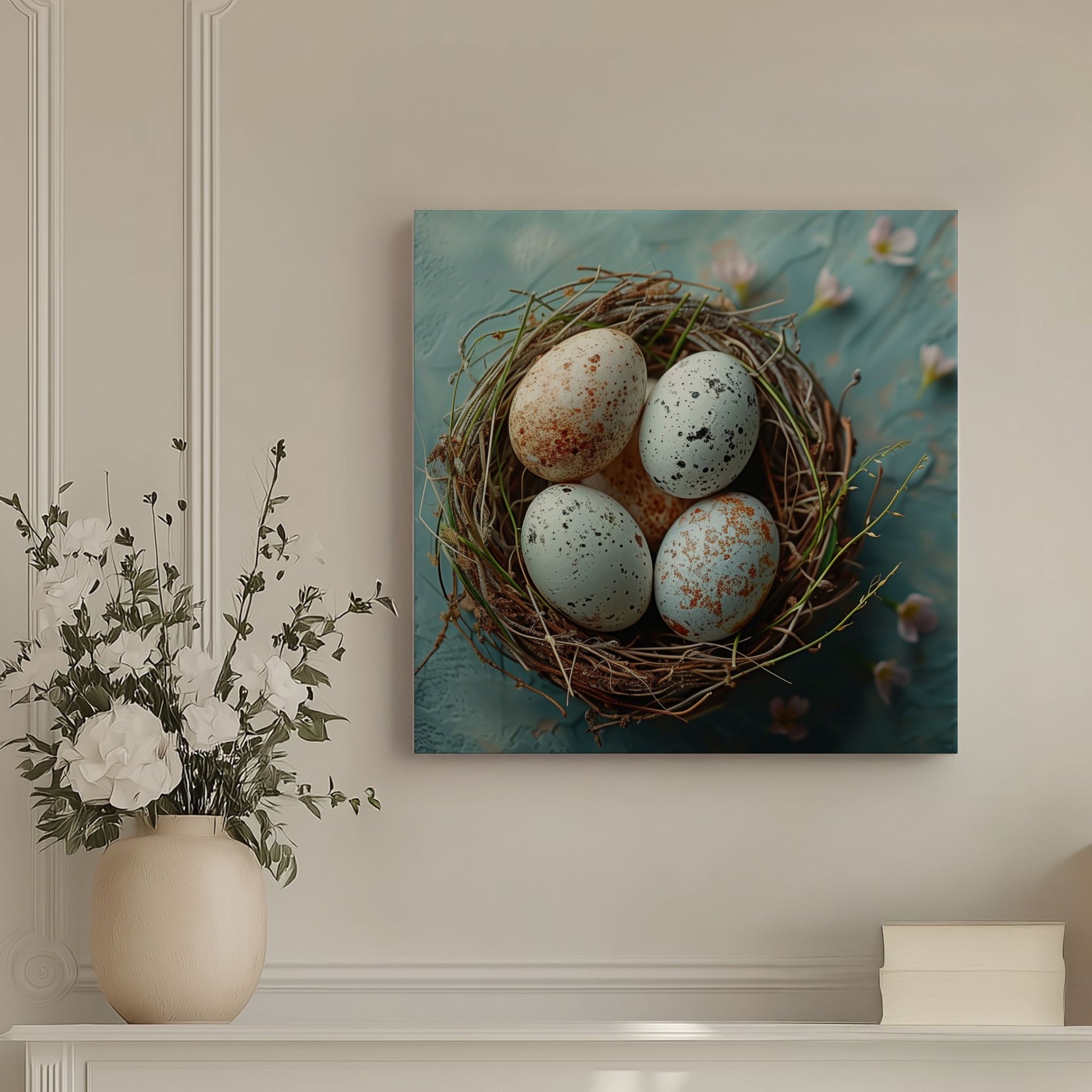 "Lerretsbilde med fuglerede og egg på blå bakgrunn hengende på vegg.