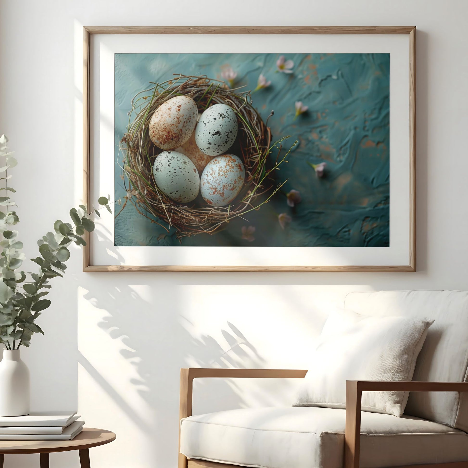 Blå påskeplakat med rede og egg hengende på vegg i nordisk interiør