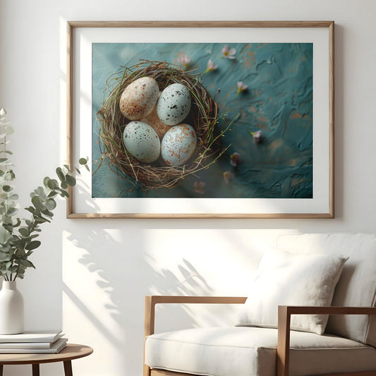Blå påskeplakat med rede og egg hengende på vegg i nordisk interiør