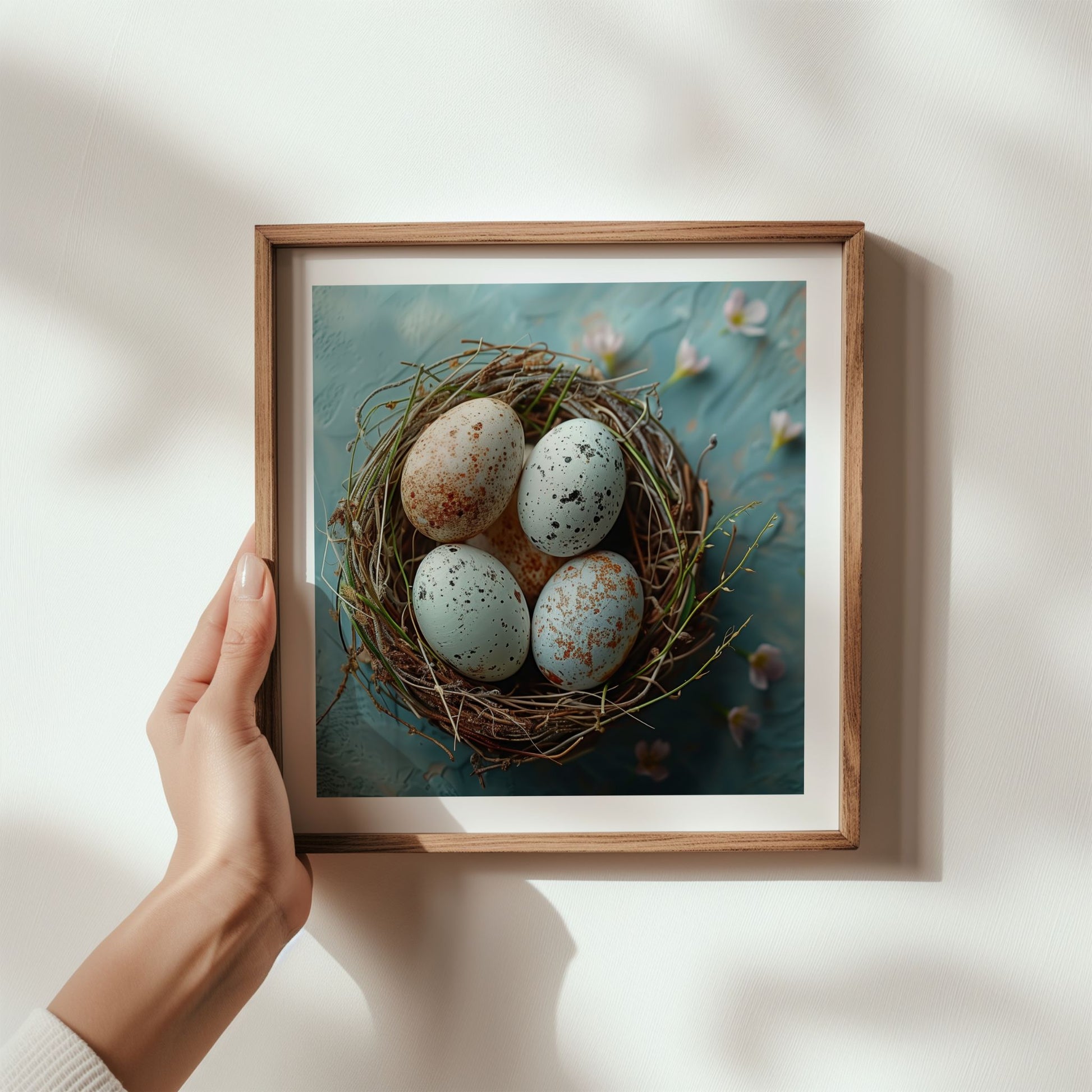 Kvadratisk blå påskeplakat med rede og egg i treramme