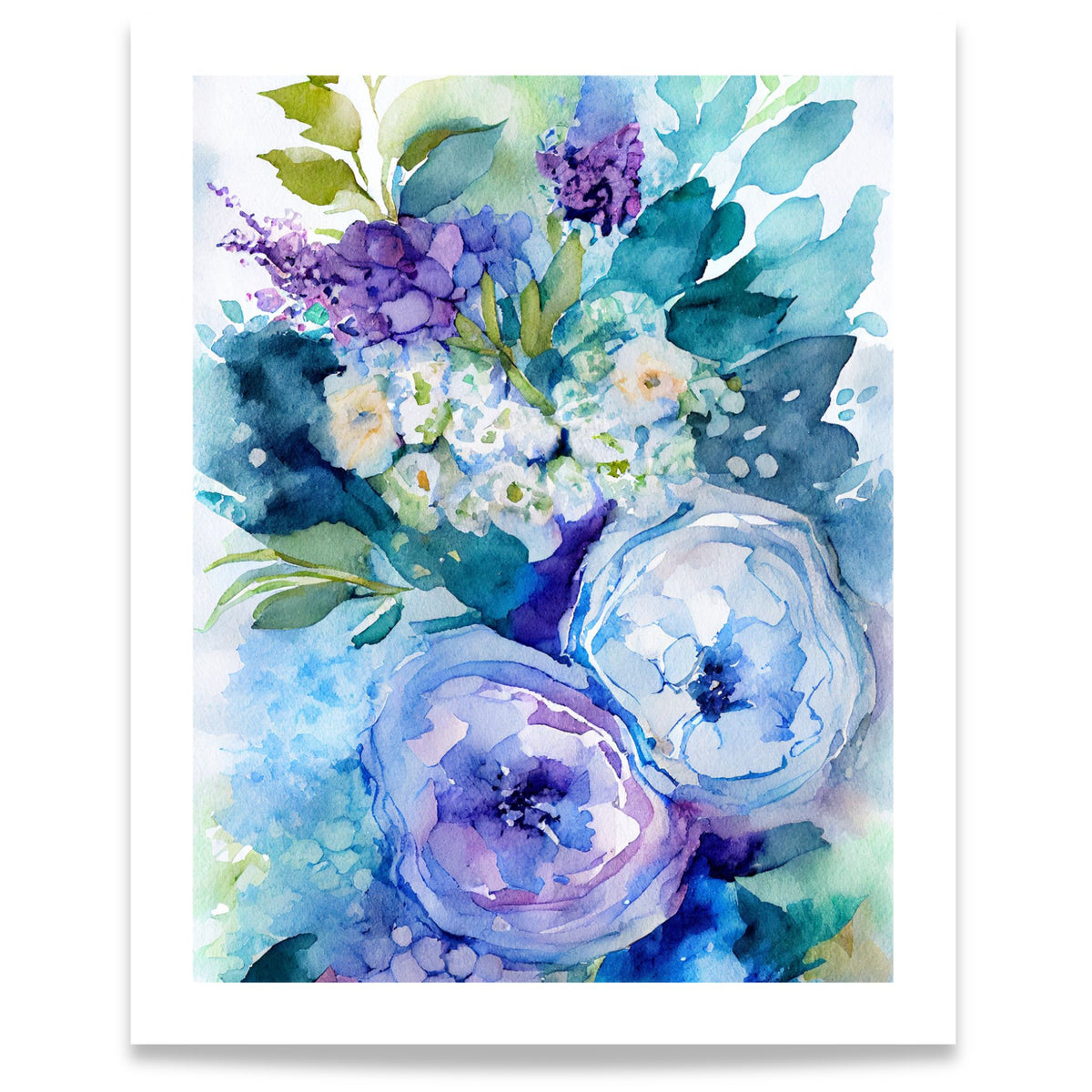 Blue Garden blomsterplakat med blå, turkise og fiolette akvarellblomster. Format 40x50.