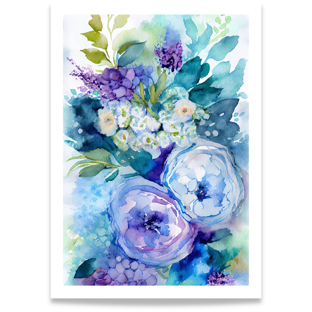 Blue Garden blomsterplakat med blå, turkise og fiolette akvarellblomster