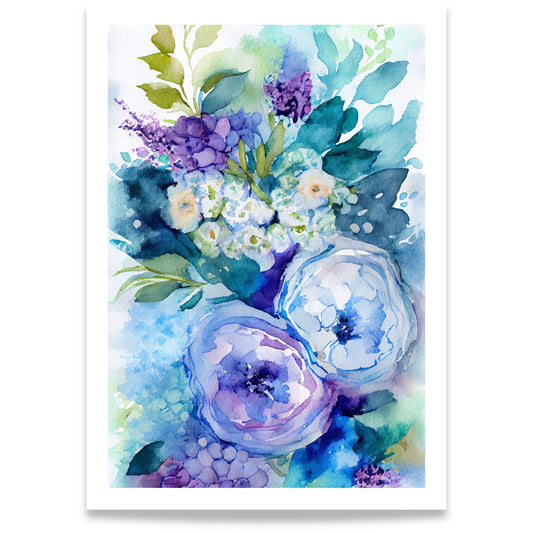 Blue Garden blomsterplakat med blå, turkise og fiolette akvarellblomster