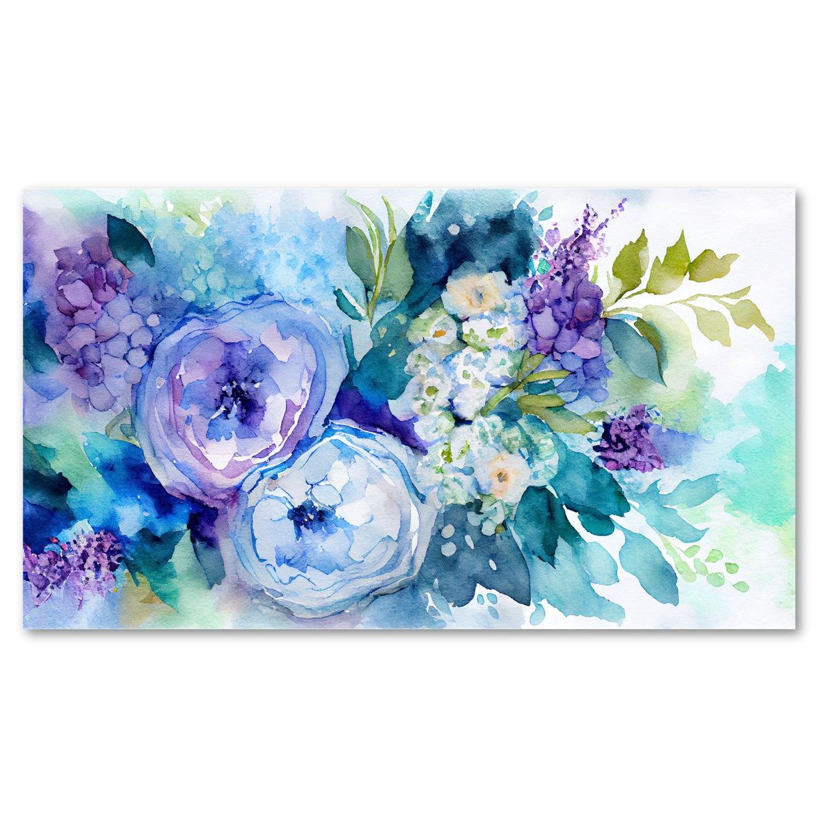 Blue Garden lerretsbilde med blå, turkise og lilla blomster i akvarellstil
