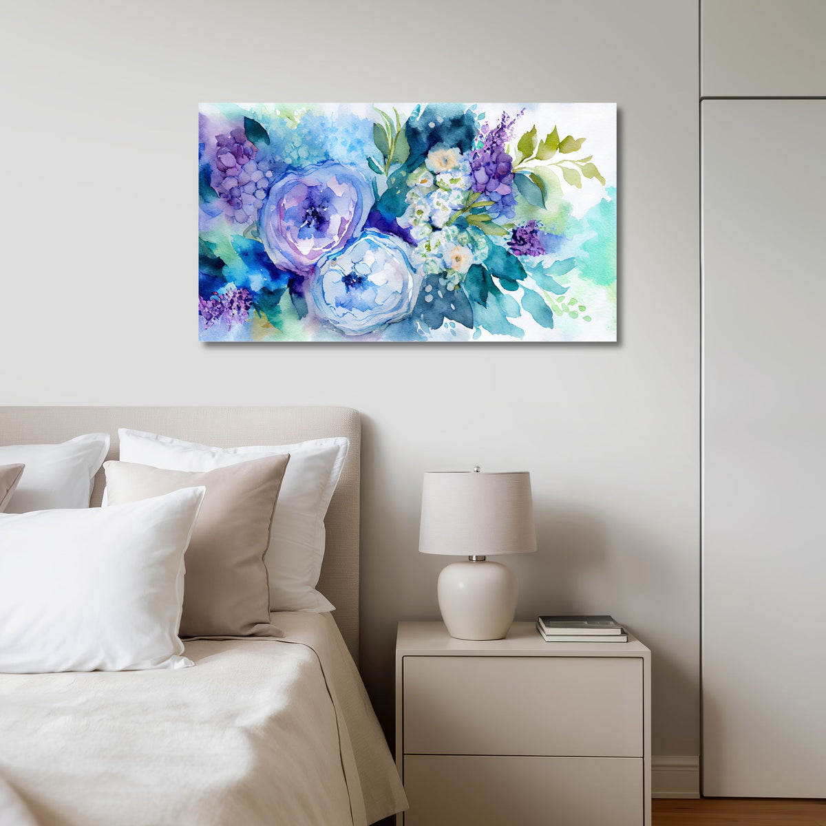 Blue Garden lerretsbilde med blå akvarellblomster over seng i lyst soverom