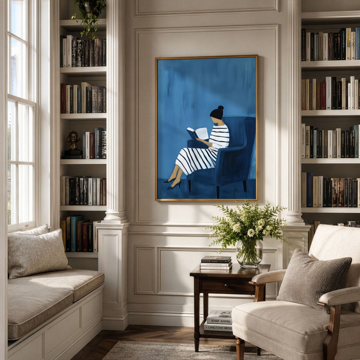 Blue Reading Hour bokplakat innrammet i klassisk bibliotek
