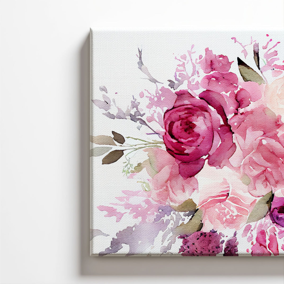 Nærbilde av Blush Garden med rosa akvarellblomster og synlig lerretsstruktur