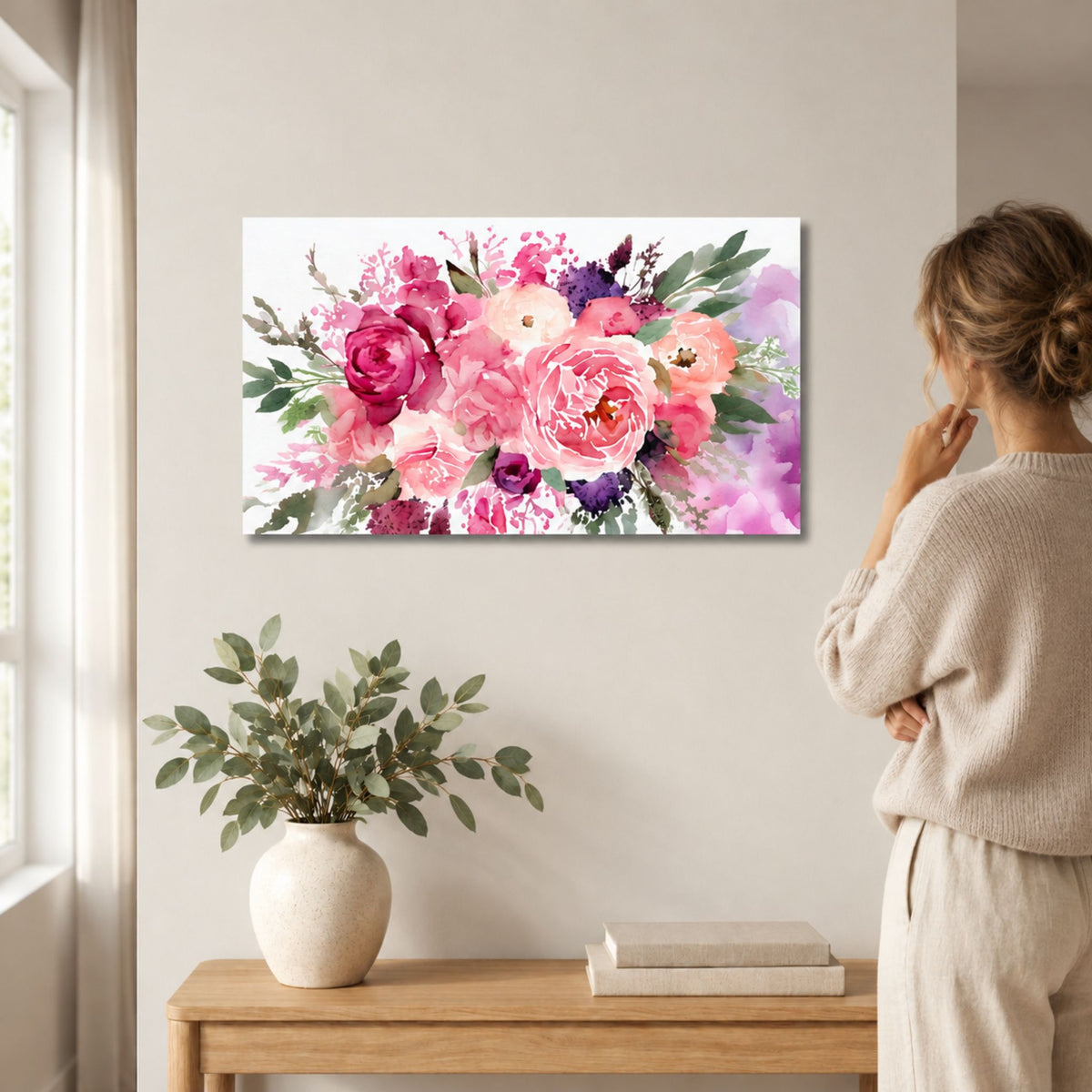 Blush Garden blomsterbilde på lerret over skjenk med kvinne som betrakter motivet