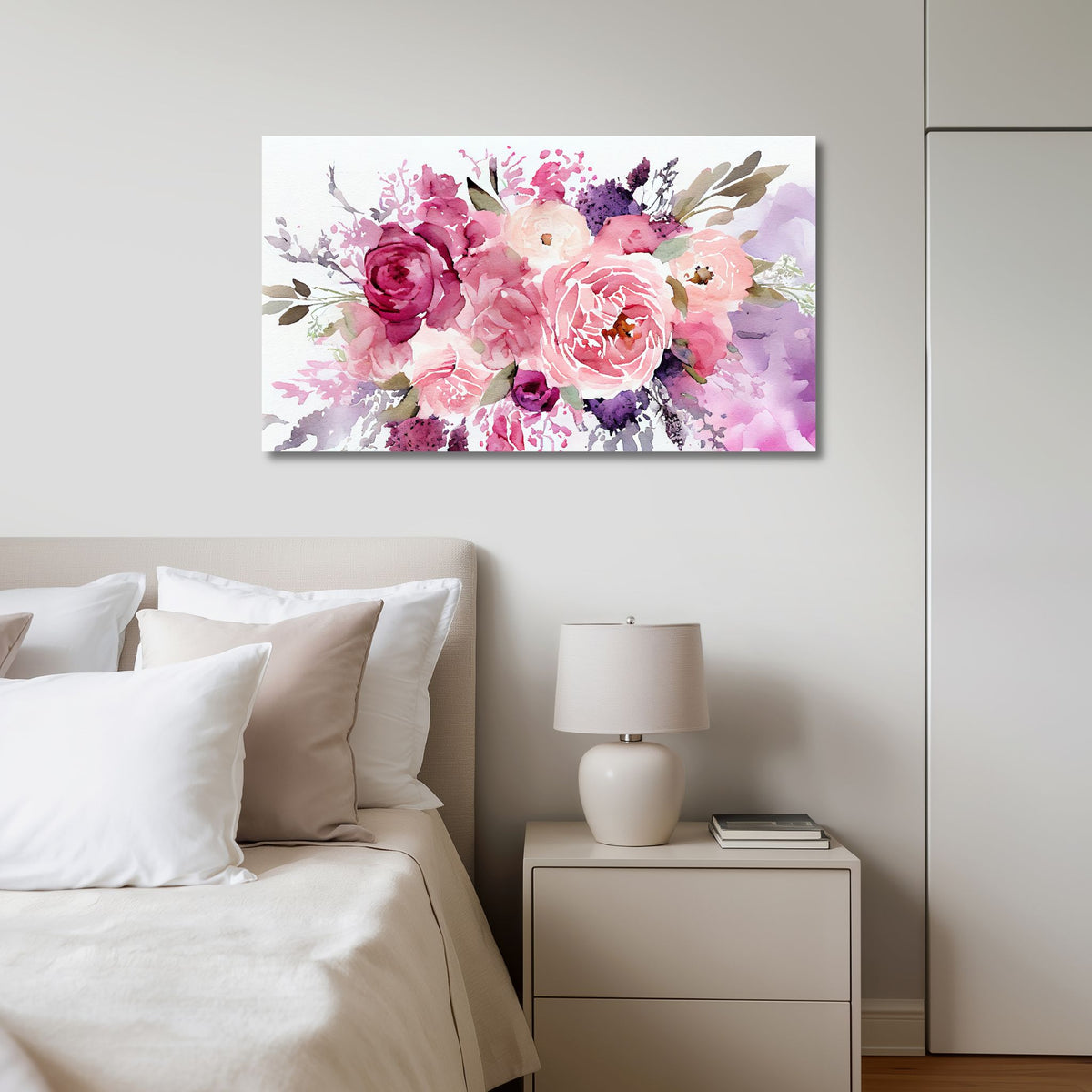 Blush Garden lerretsbilde med romantiske blomster over seng i lyst soverom