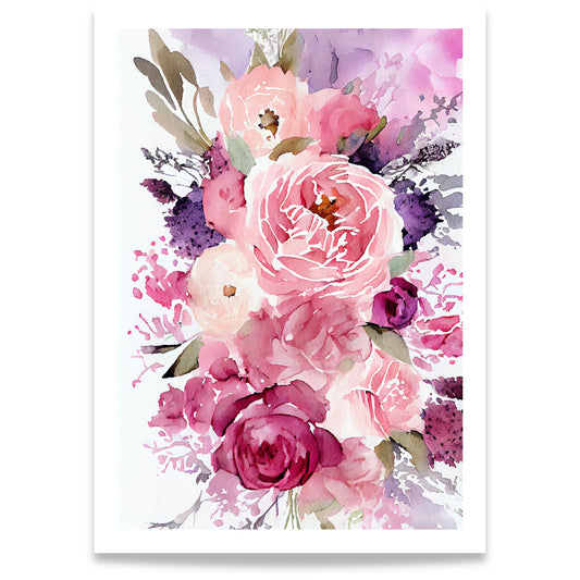 Blush Garden blomsterplakat med rosa og burgunder blomster malt i akvarell