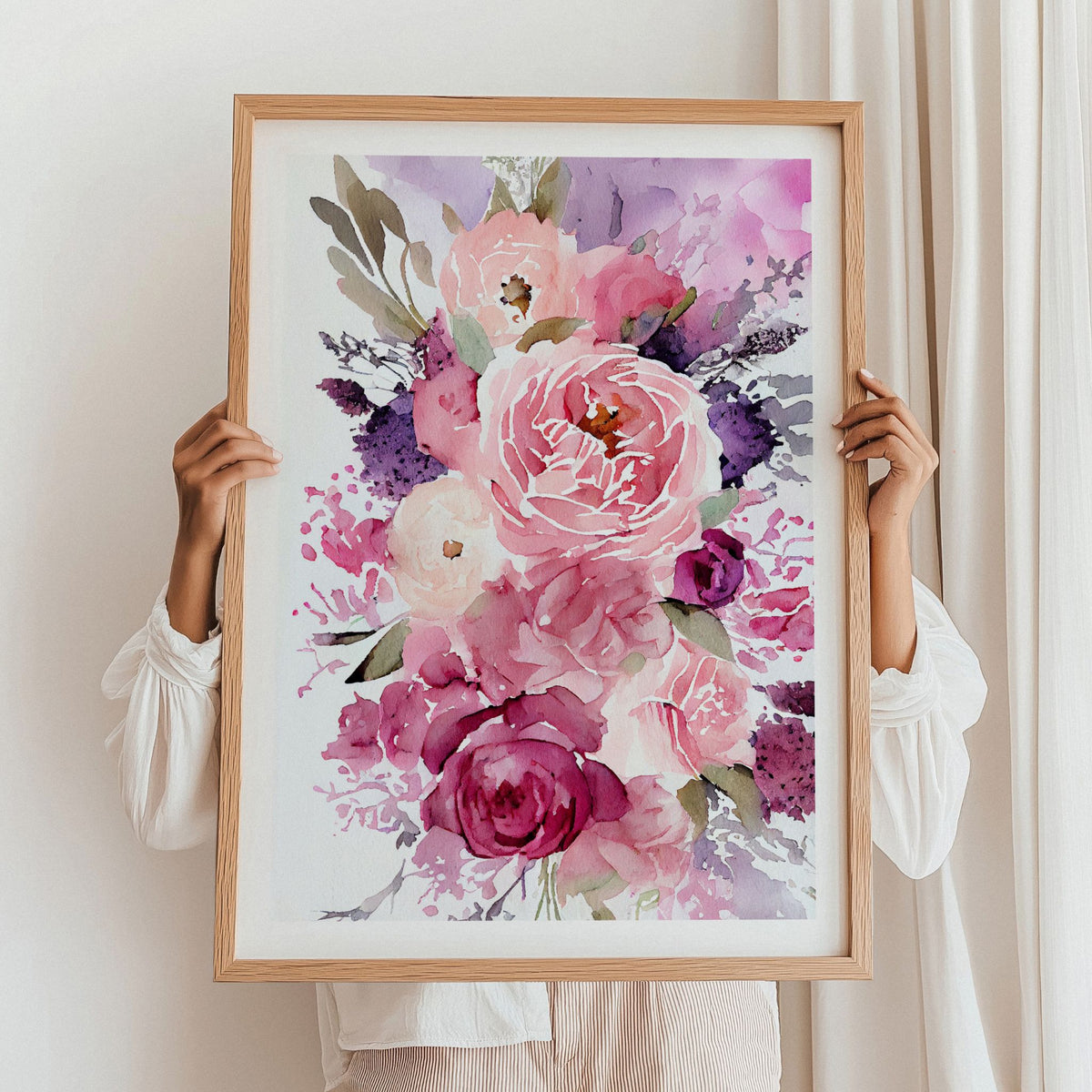Blush Garden i vertikal treramme med rosa og lilla akvarellblomster