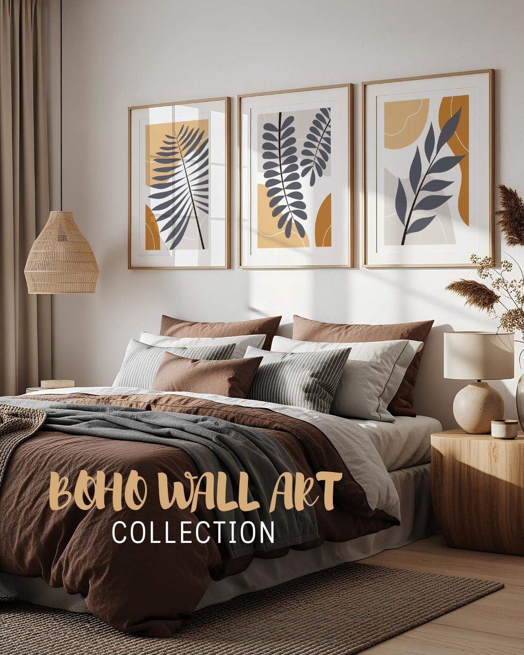 Boho Wall Art Collection med tre botaniske plakater i varme naturtoner over seng