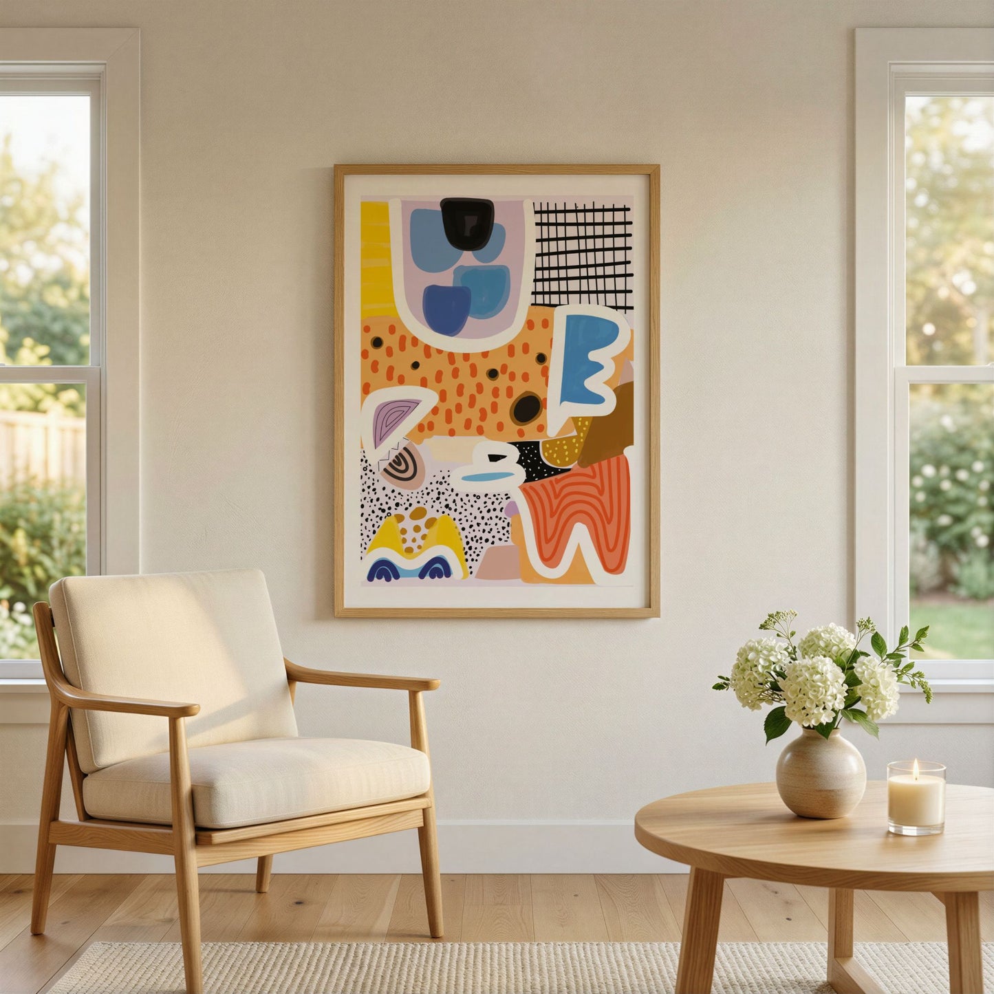 Bold Motion grafisk plakat i eikeramme i lys moderne stue