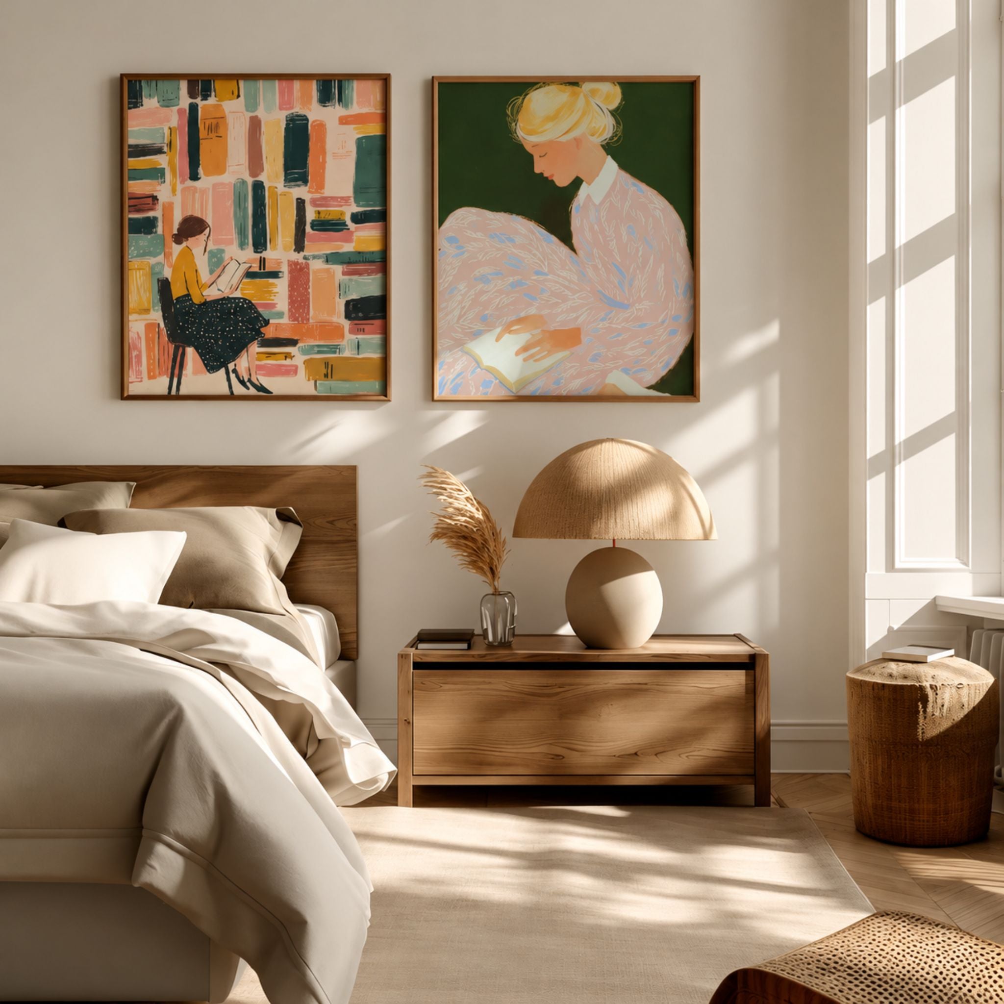 To innrammede kunstplakater fra Bookish Eclectic Collection med lesende kvinner, fargerike bokhyller og grønne toner, vist over en seng i et lunt soverom med naturlige materialer og varmt sollys.