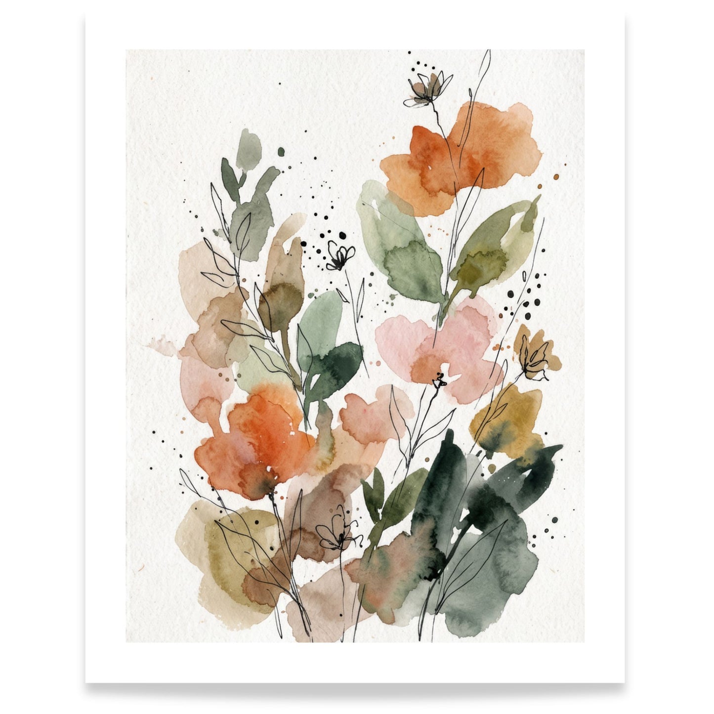 Botanisk akvarellplakat med blomster i blushrosa, fersken og grønne toner 40x50