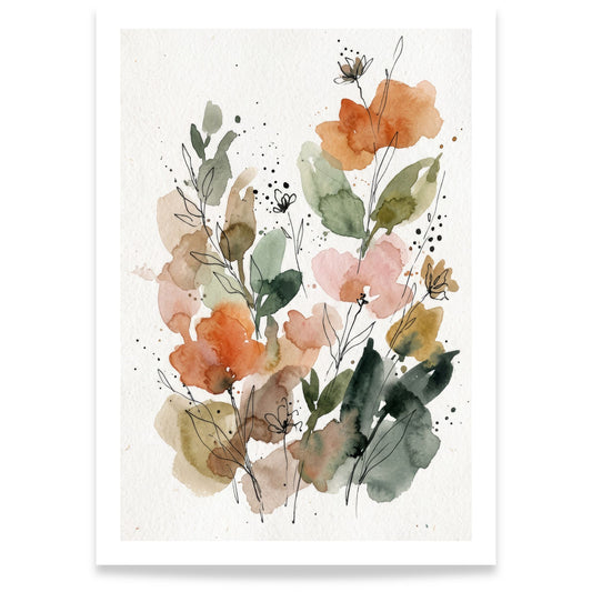 Botanisk akvarellplakat med blomster i blushrosa, fersken og grønne toner