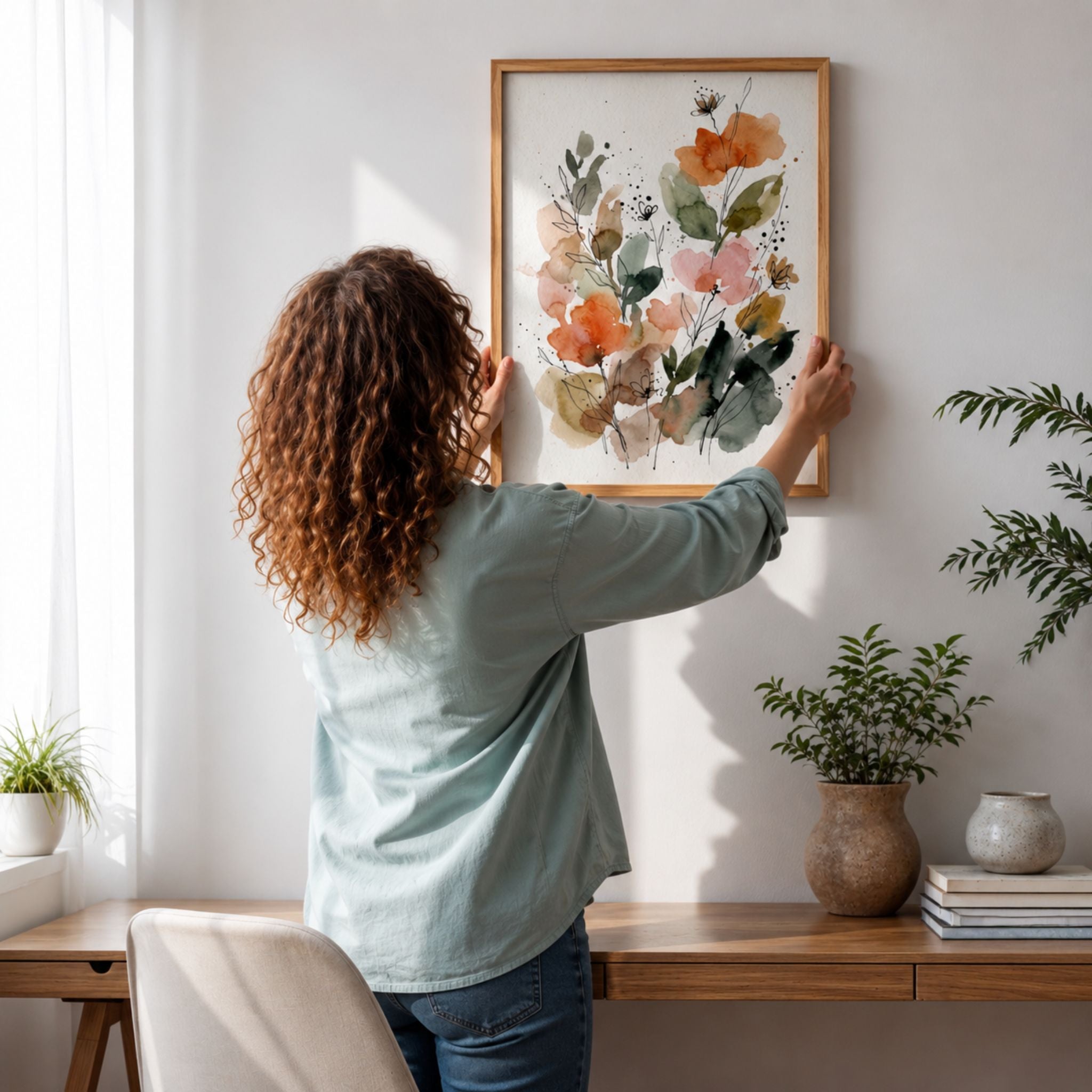 Kvinne henger opp Botanical Blush Harmony akvarellplakat på vegg i lyst nordisk interiør