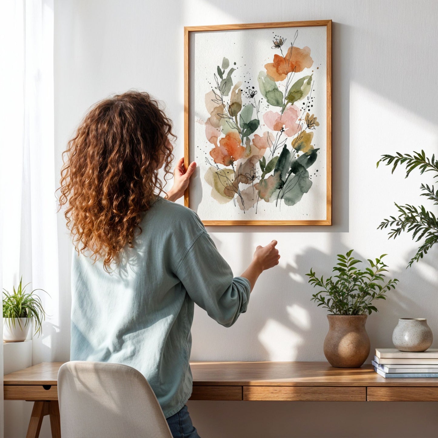 Innrammet botanisk blomsterplakat i lyst nordisk interiør
