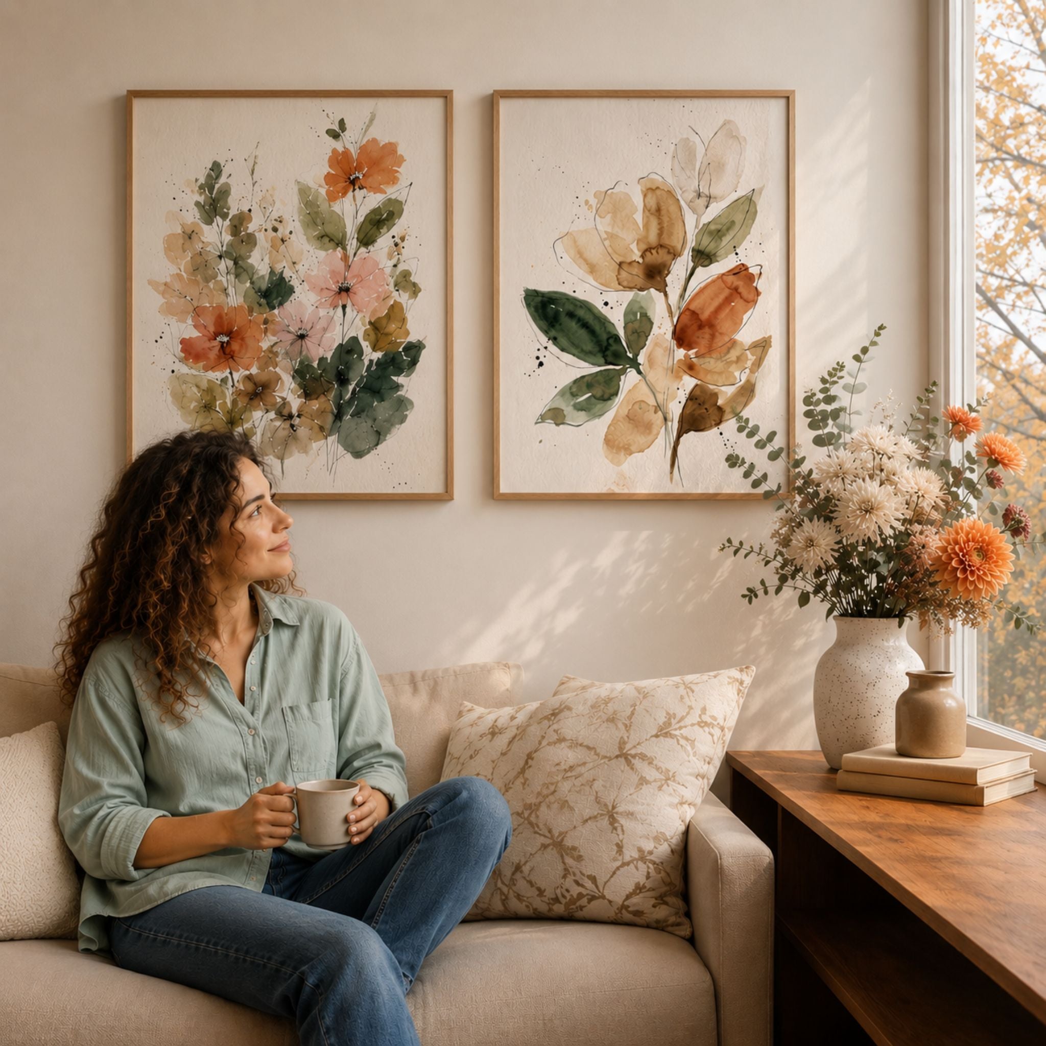 To botaniske akvarellplakater i varme jordtoner stylet over sofa i lyst nordisk interiør