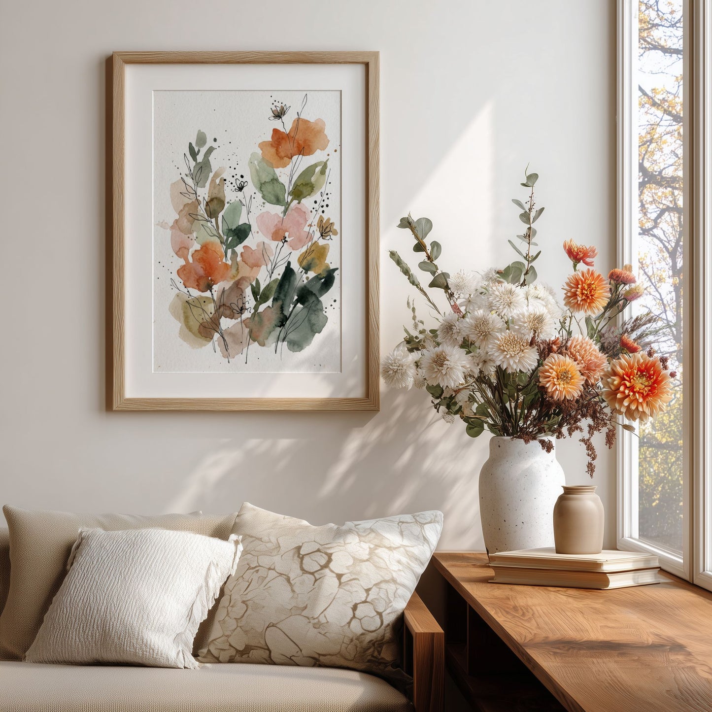 Botanisk blomsterkunst ved sofa og blomsterbukett i skandinavisk stue