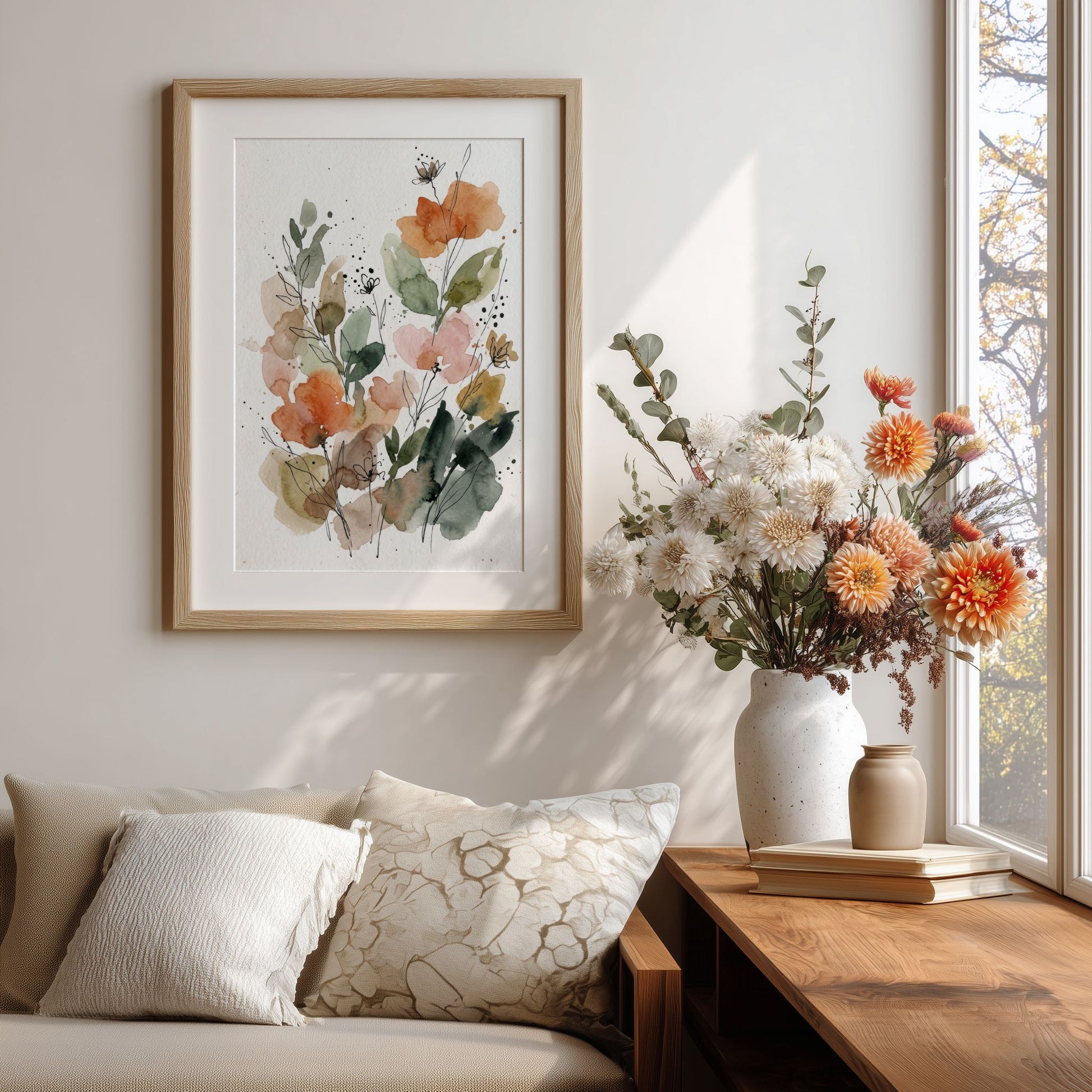 Botanisk blomsterkunst ved sofa og blomsterbukett i skandinavisk stue