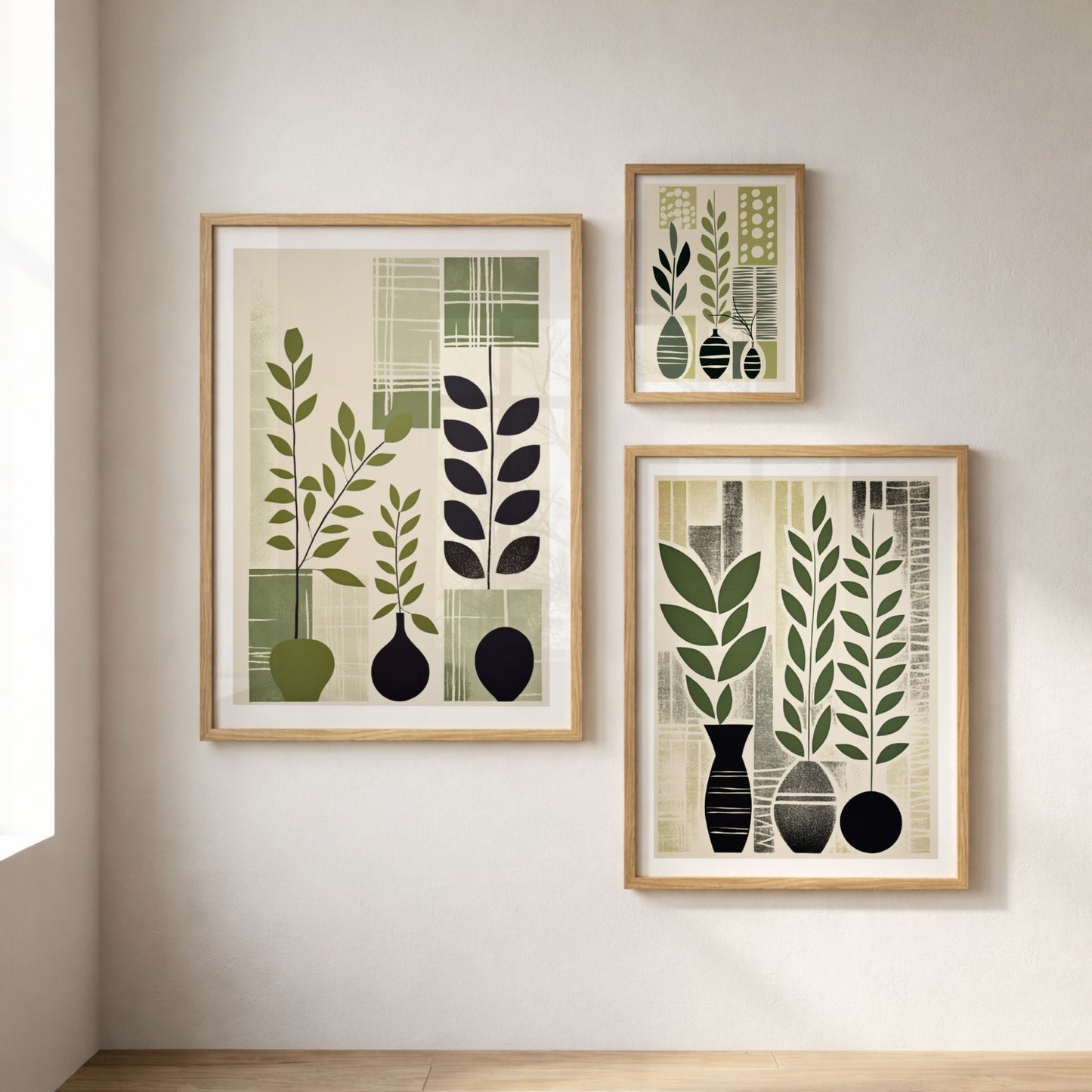 Bildevegg med Quiet Geometry, Playful Garden og Verdant Grove i eikerammer