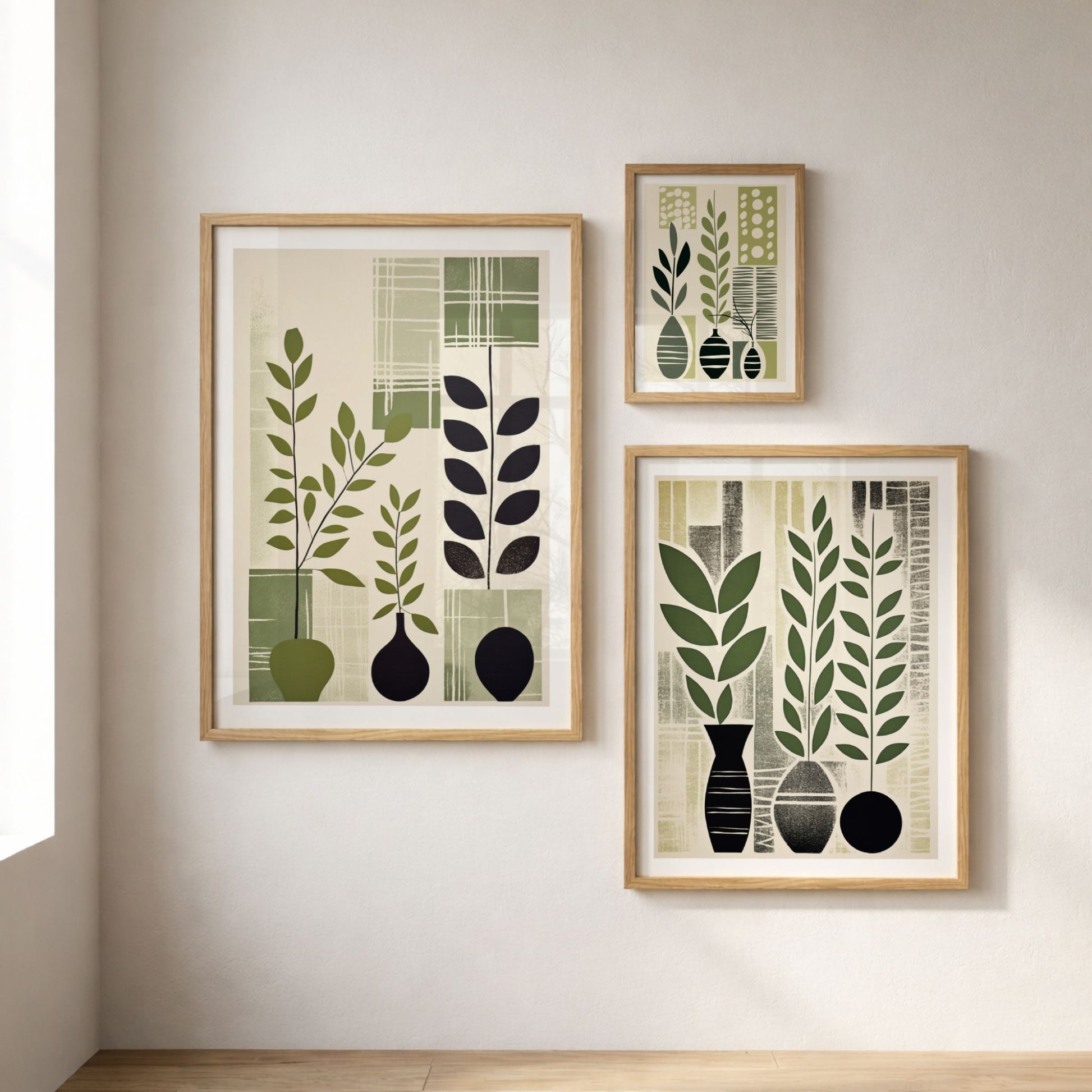 Bildevegg med Quiet Geometry, Playful Garden og Verdant Grove i eikerammer