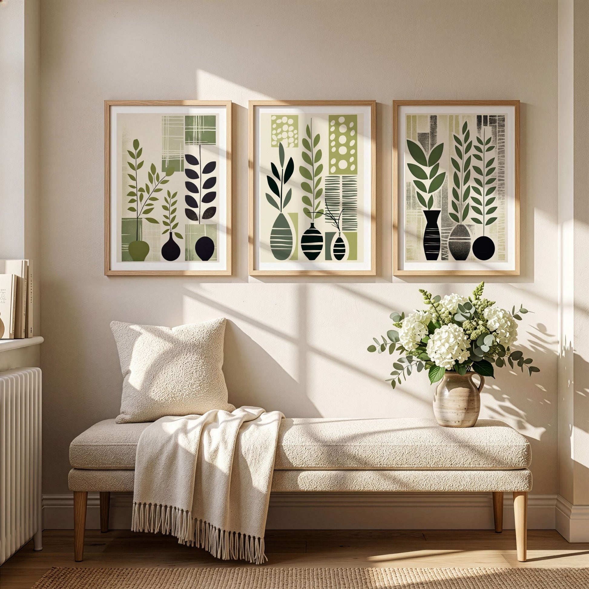 Botanical Composition Trio med tre grønne grafiske plakater over benk i lyst interiør