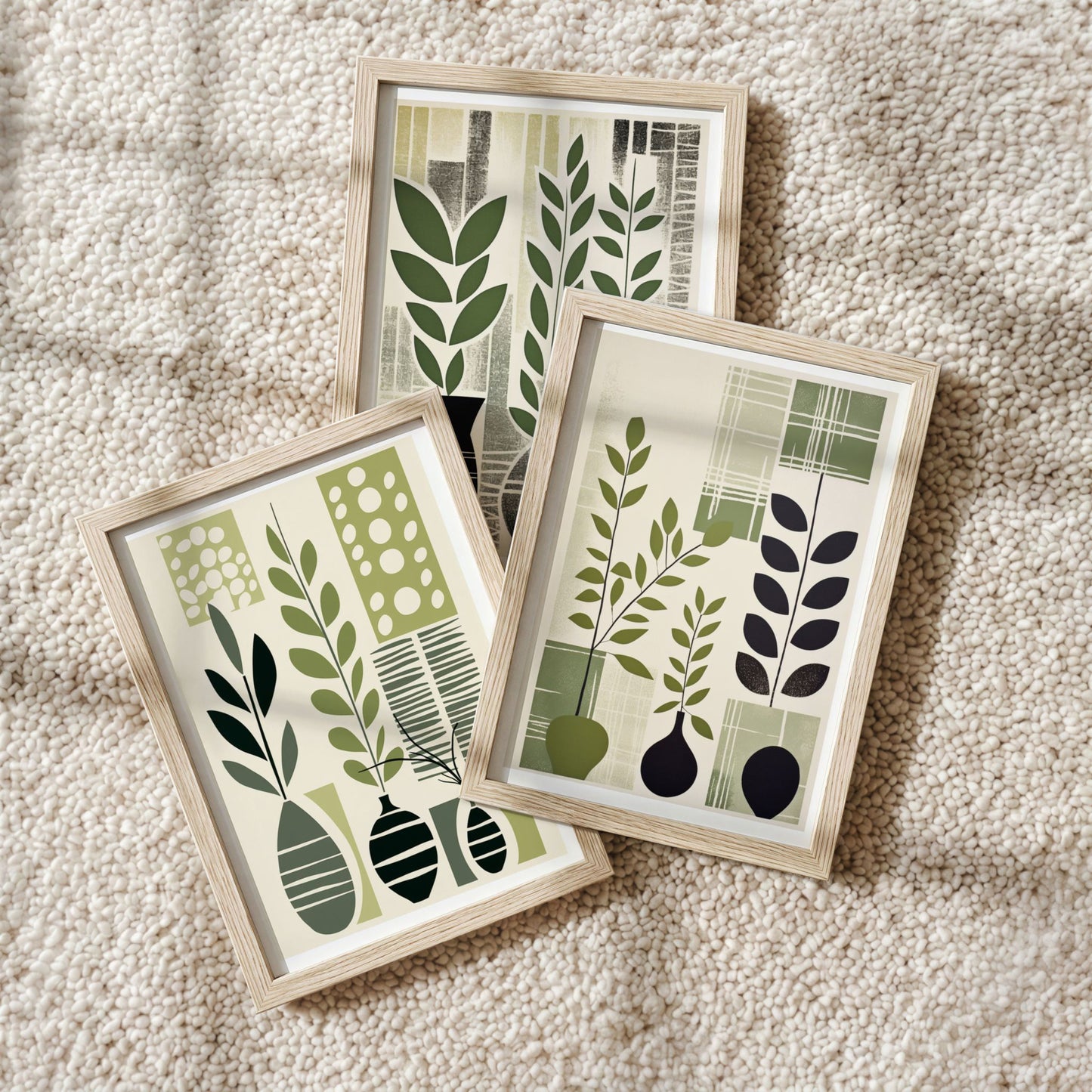 Botanical Composition Trio med tre botaniske grafiske plakater i eikerammer
